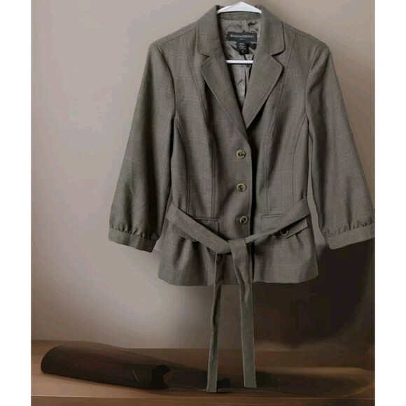 Banana Republic Blazer Womens 10 Wool Belted 3 Button 3/4 Sleeve Career Brown - Picture 1 of 5